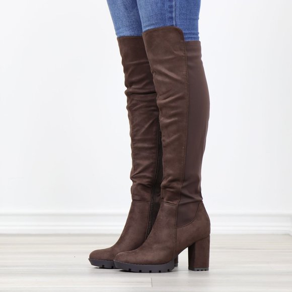 Brown Thigh High Over The Knee Lug Block Heel Boots Faux Suede Round Toe - Picture 16 of 16
